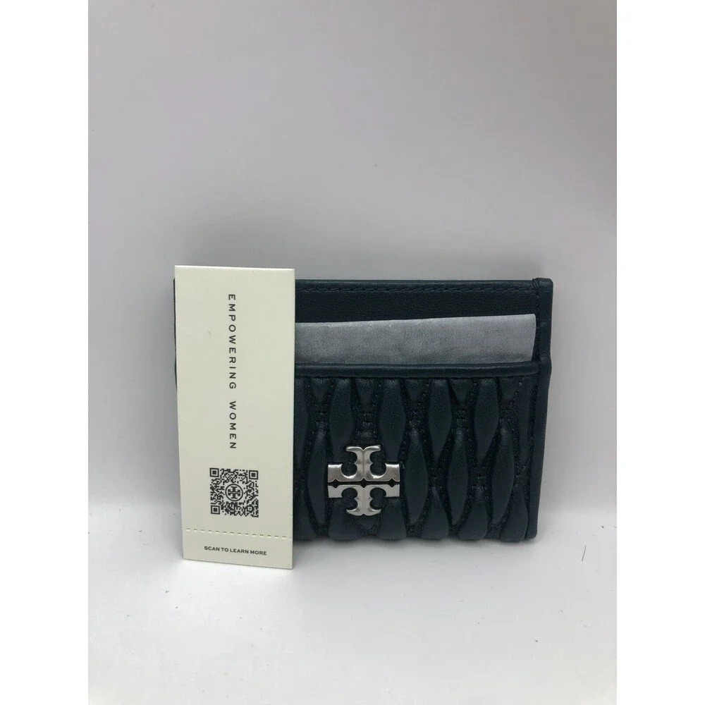 Tory Burch Teal Night Ruched Leather Kira Quilted Card Case Mini Wallet New